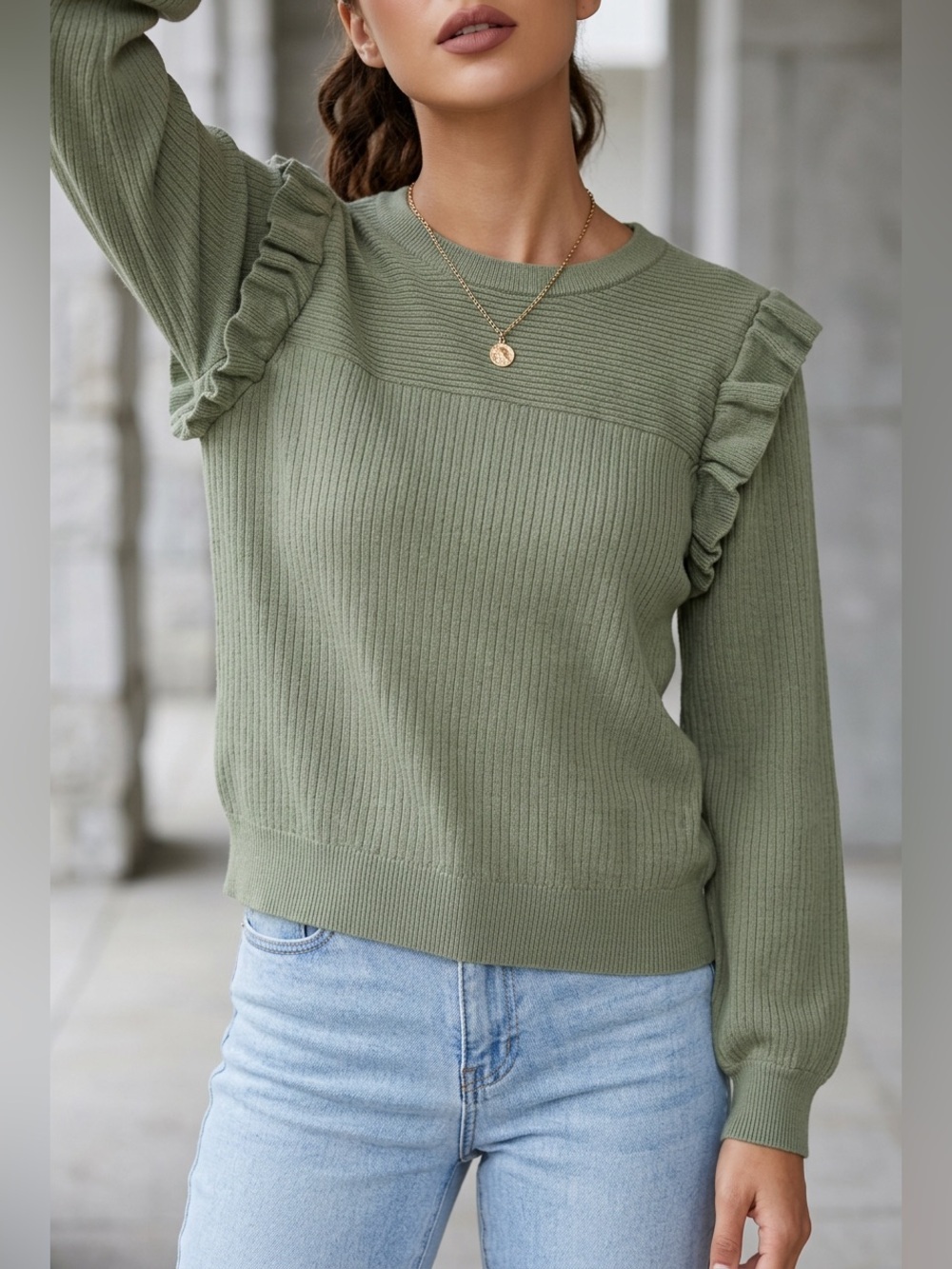 Ruffle-Trim Ribbed Sweater - Olive